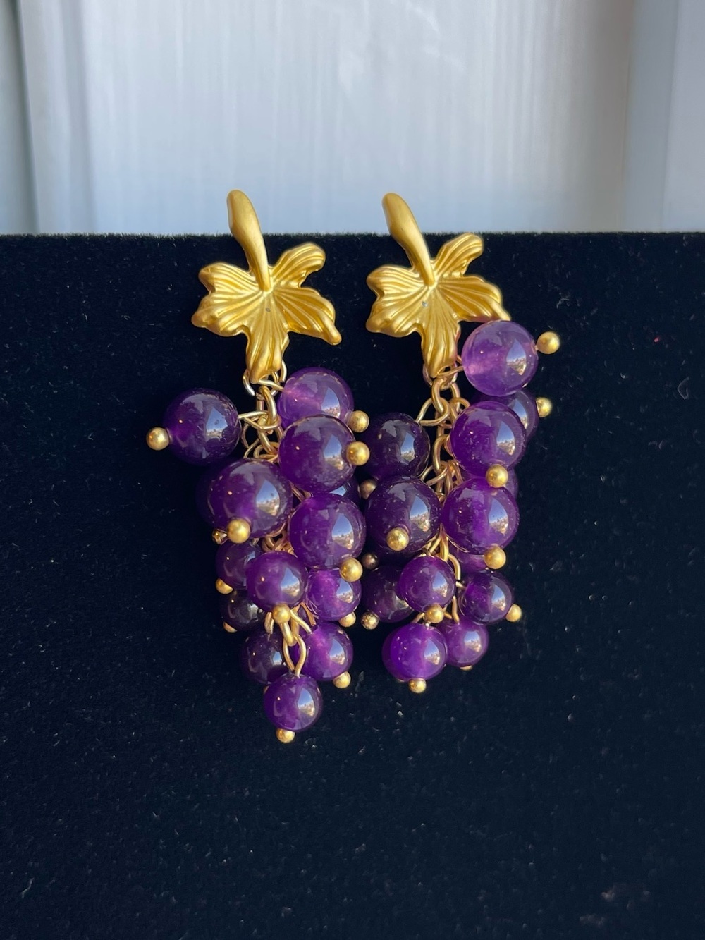 Gold Floral Cluster Earrings with Purple Beads